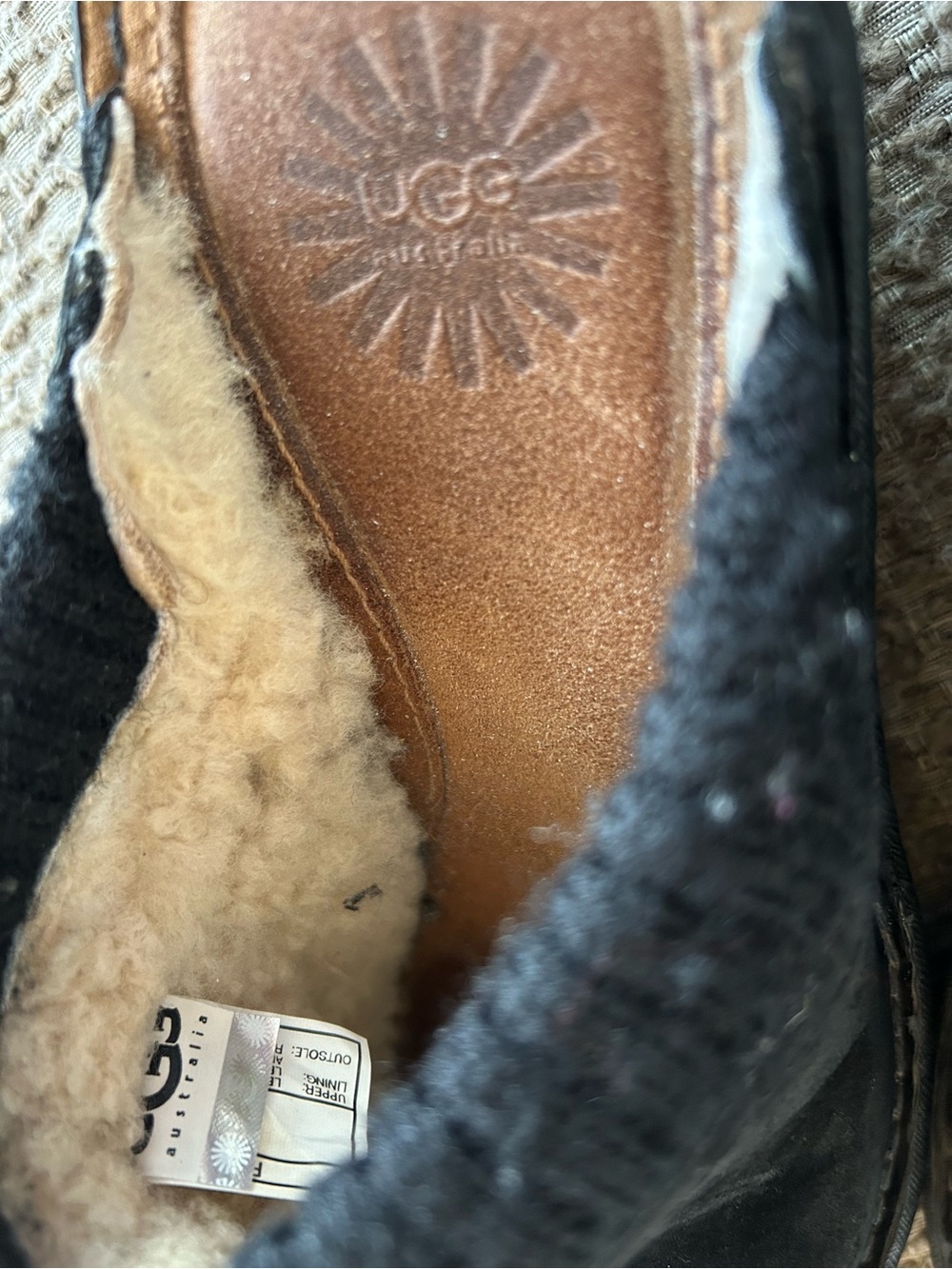 UGG Black Suede Wedge Clogs. With Fleece Lining, Knit-Cuffs, and 2.5” heal. Sz 9 - Picture 7 of 7